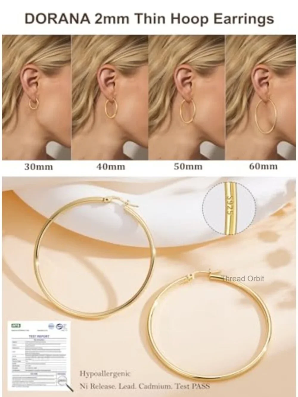 2mm Thin 14K Gold Plated S925 Sterling Silver Hoop Earrings Hypoallergenic Big